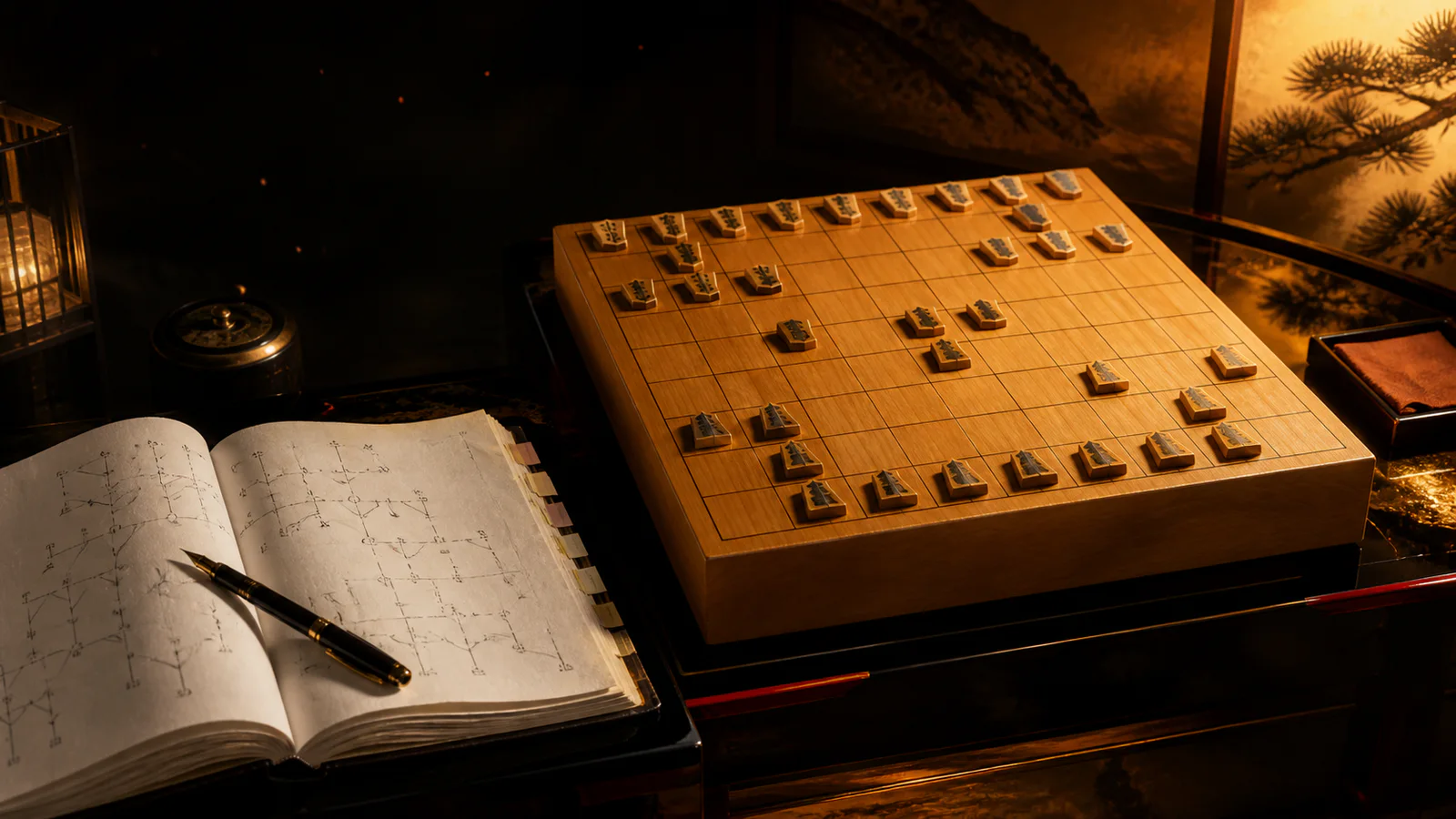 将棋盤と分岐を書き込んだ研究ノートを、黒漆と金の光で表現した独自定跡ガイドのアイキャッチ
