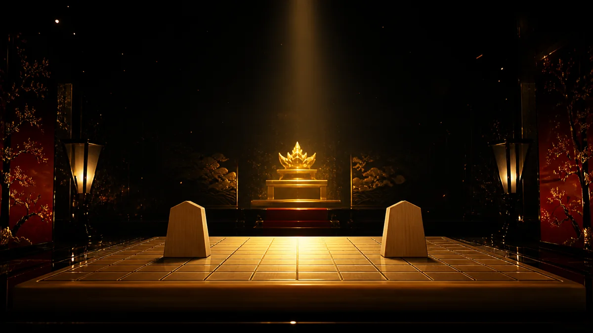 黒漆の決勝会場で二つの将棋駒が向かい合い、奥の王座へ金色の光が差す、勝者を明かさない決勝第2局のビジュアル