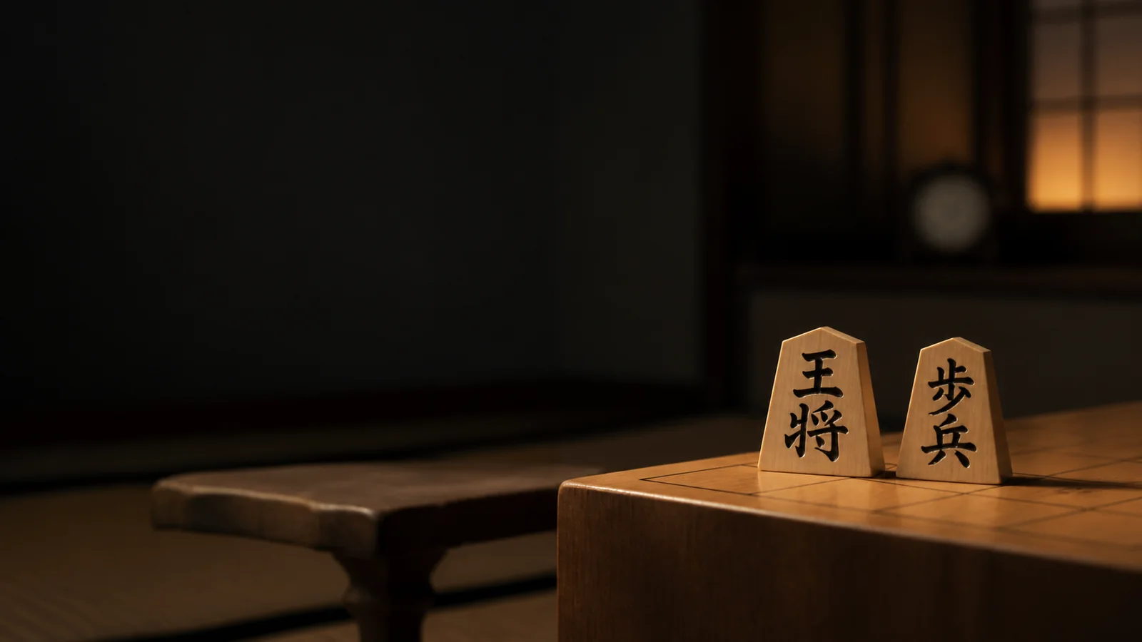 夕暮れの静かな対局室で、将棋盤に王将と歩兵を置き、奥に対局時計を配したイメージ