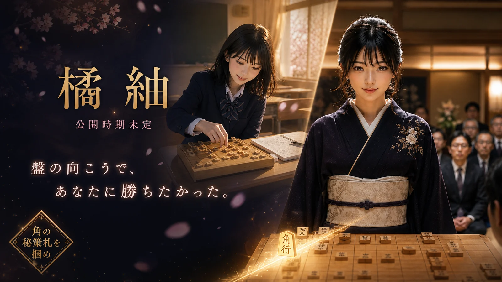 高校時代に将棋を学ぶ姿と着物姿の強豪棋士になった現在の橘紬を描いた紹介画像